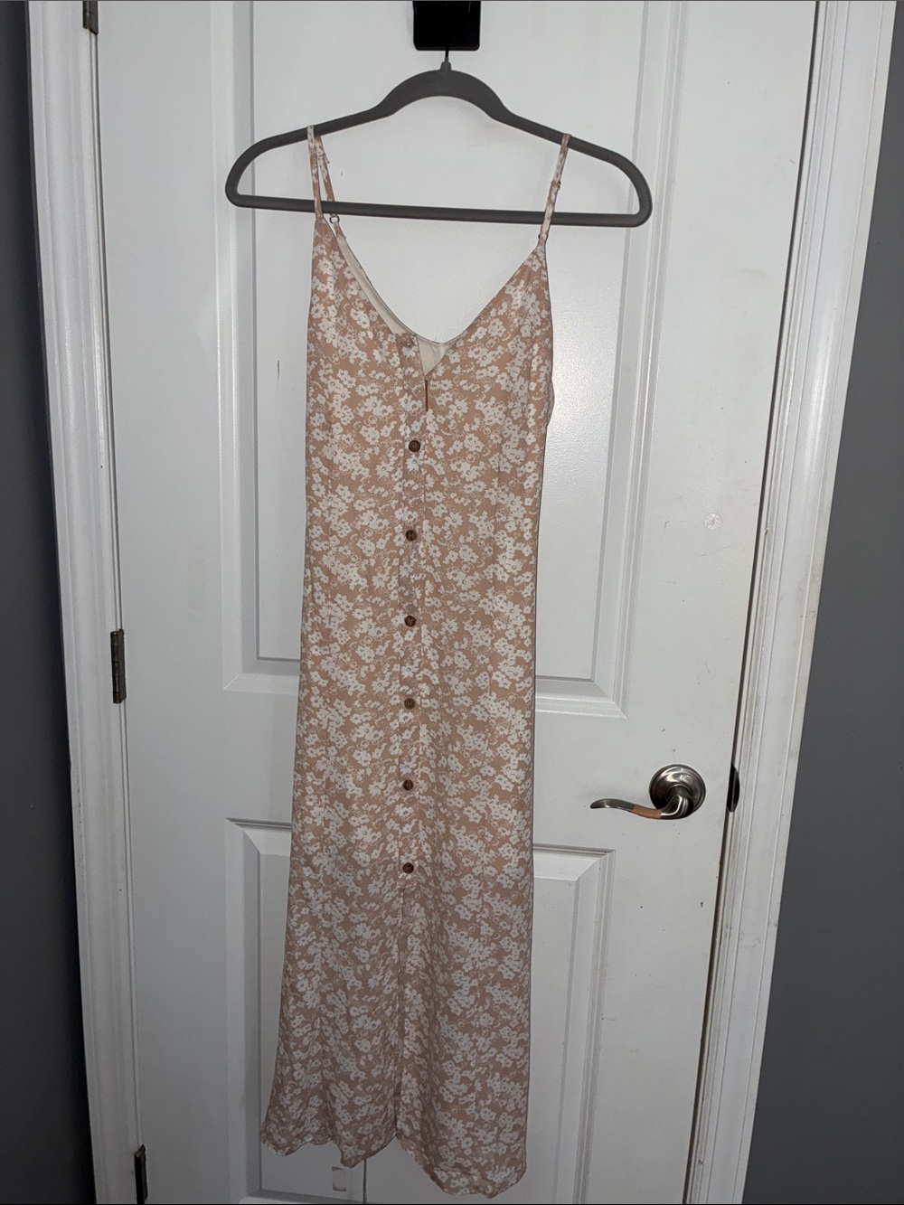 Floral Button-Front Slip Dress in Beige